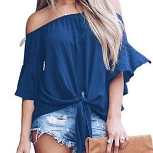 Off shoulder bell sleeve tie front blouse